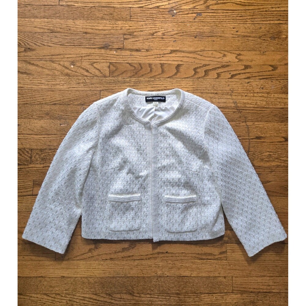 Karl Lagerfeld Paris Tweed Woven Ivory Cropped Blazer Jacket Size Large